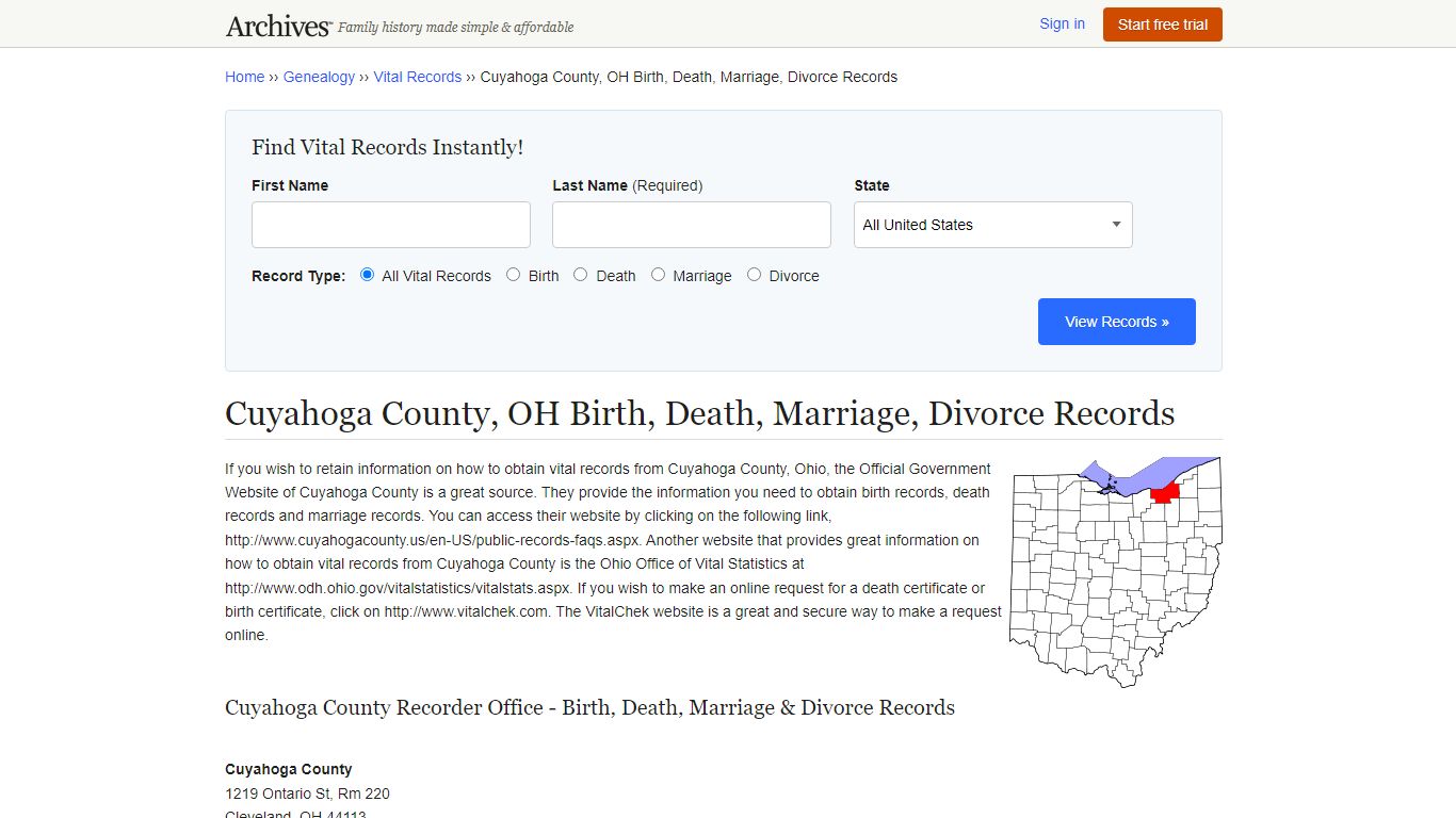 Cuyahoga County, OH Birth, Death, Marriage, Divorce Records
